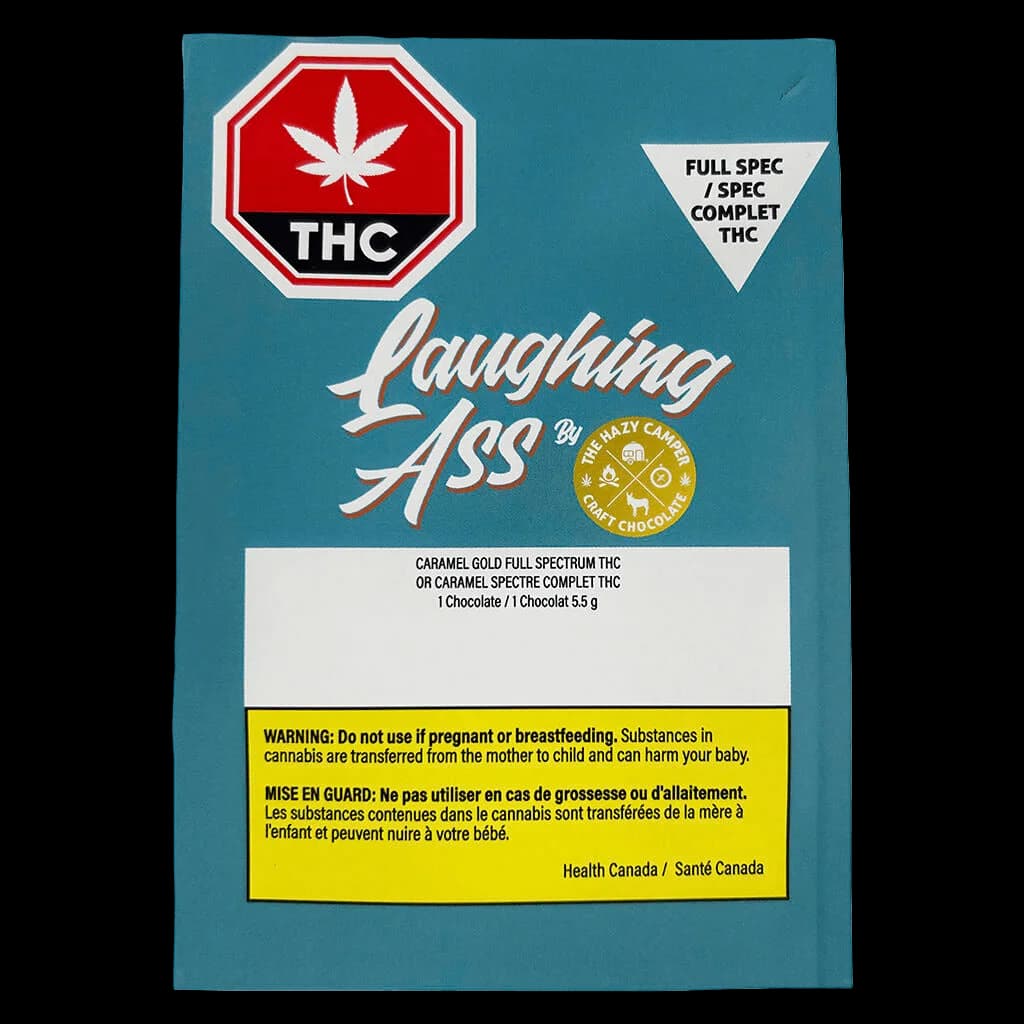 Laughing Ass Caramel Gold Full Spectrum THC chocolate package, 5.5g, with red THC warning symbol and yellow Health Canada warning label on teal background