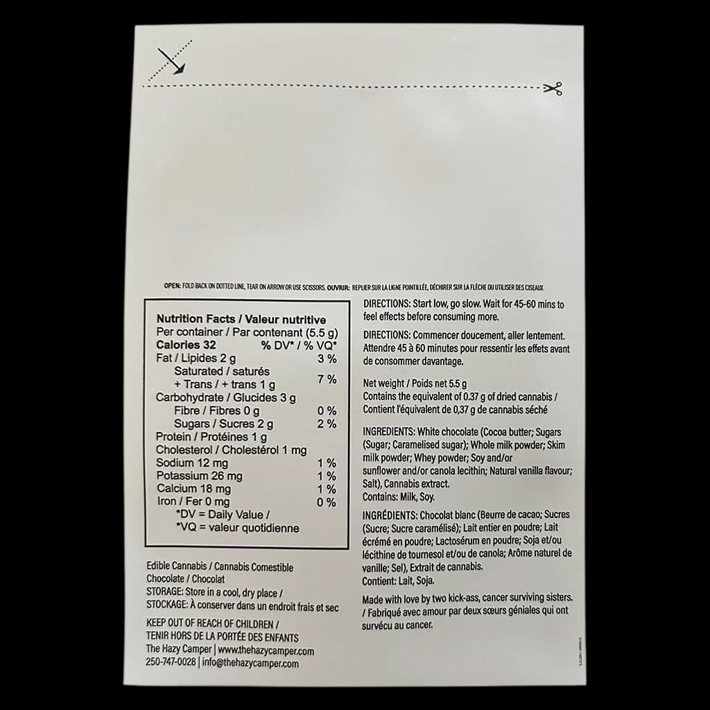 Laughing Ass Caramel Gold chocolate package rear label showing nutrition facts, THC content 0.37g per 5.5g serving, bilingual directions, and ingredients.