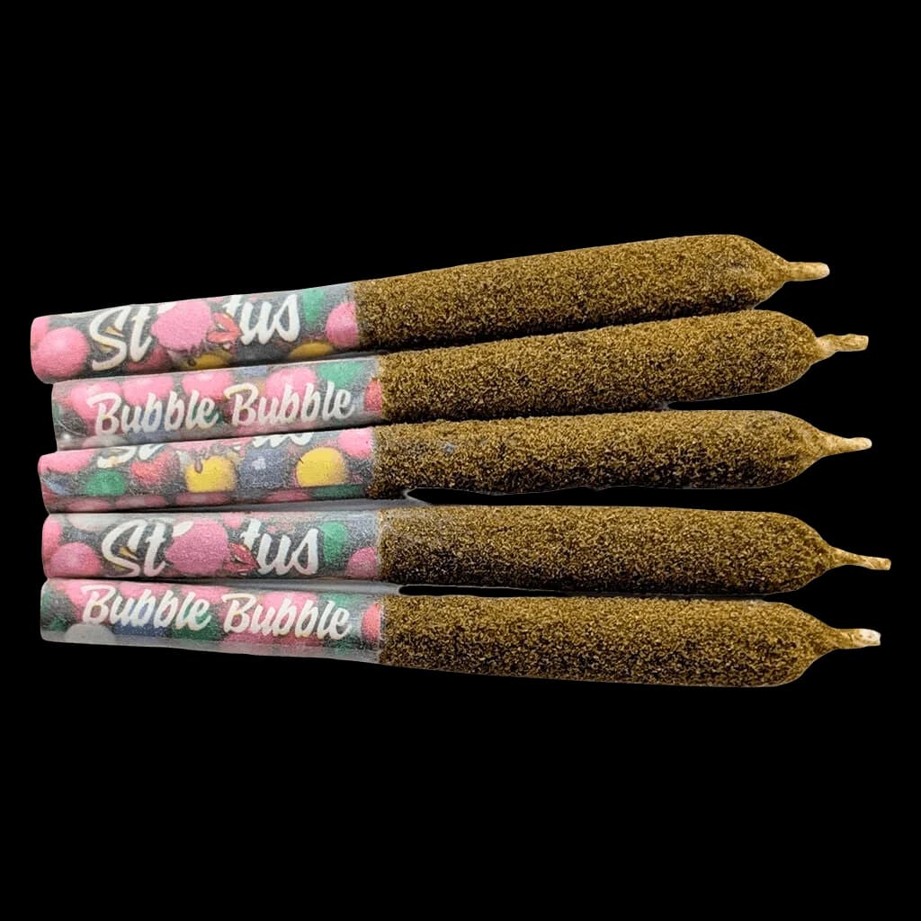 Status Bubble Bubble Liquid Diamond Infused Kief Coated Pre-Roll 5-pack with pink and multicolour packaging labels