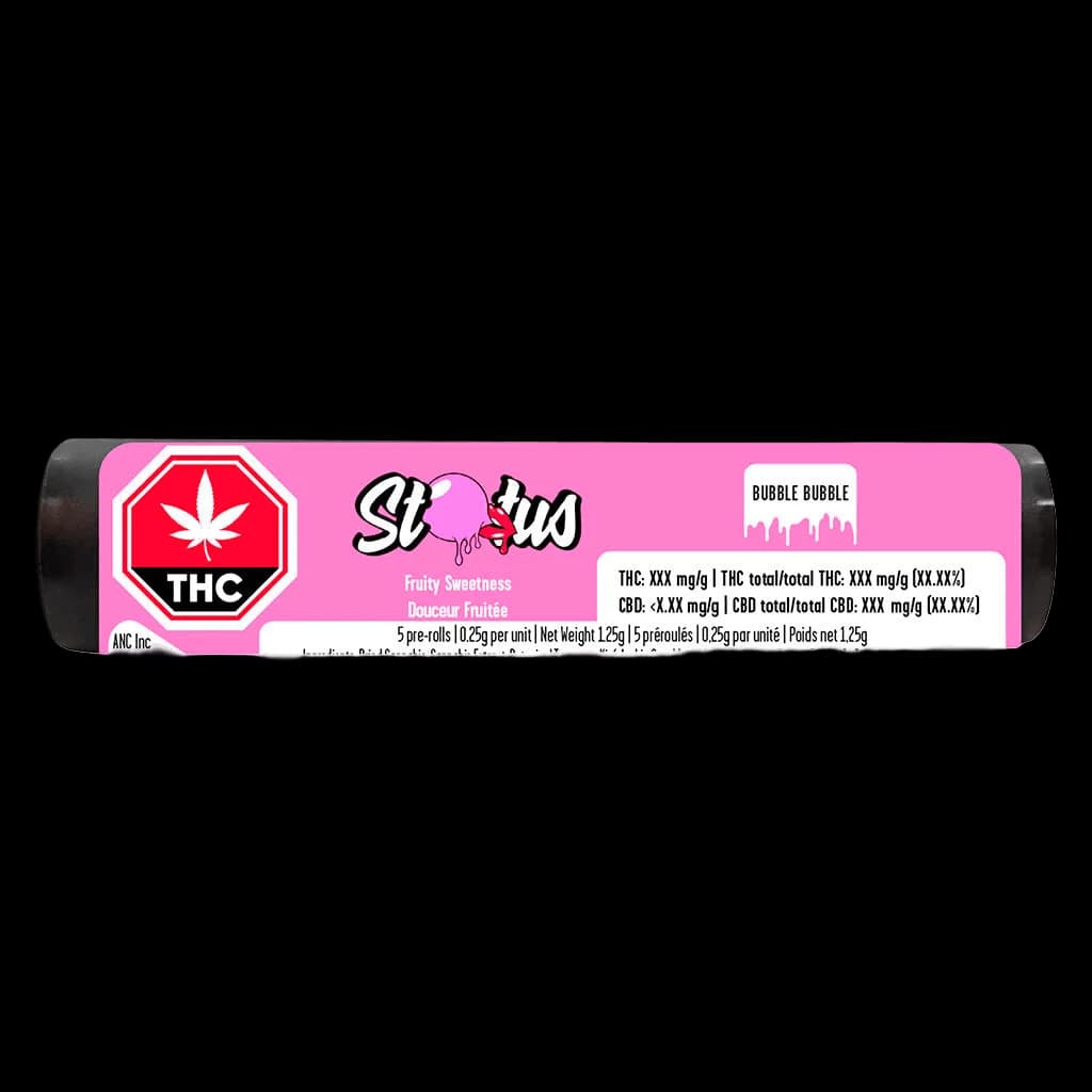 Status Bubble Bubble Liquid Diamond Infused Kief Coated pre-roll pack, 5-pack with 1.25g total weight, pink packaging with THC warning symbol