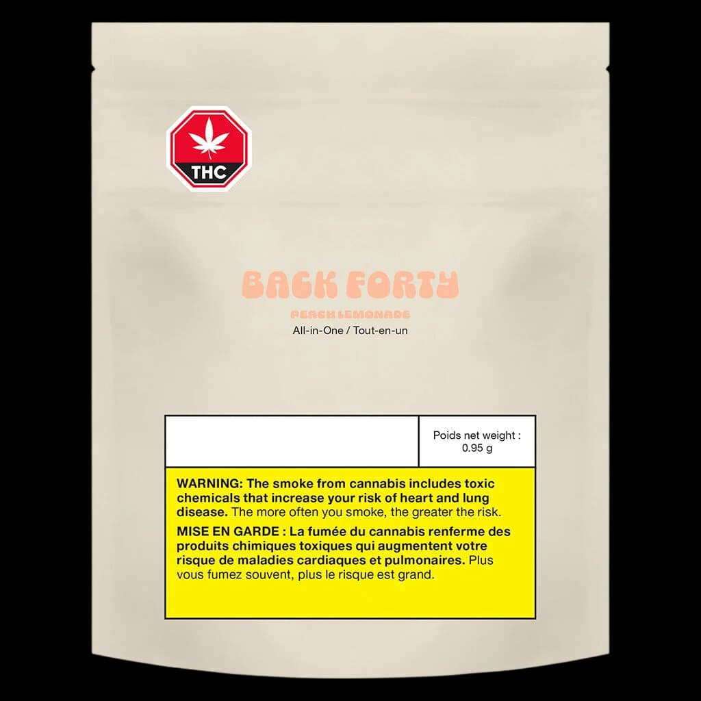 Back Forth Peach Lemonade All-in-One 0.95g cannabis vape cartridge packaging with THC warning symbol and Health Canada warning label