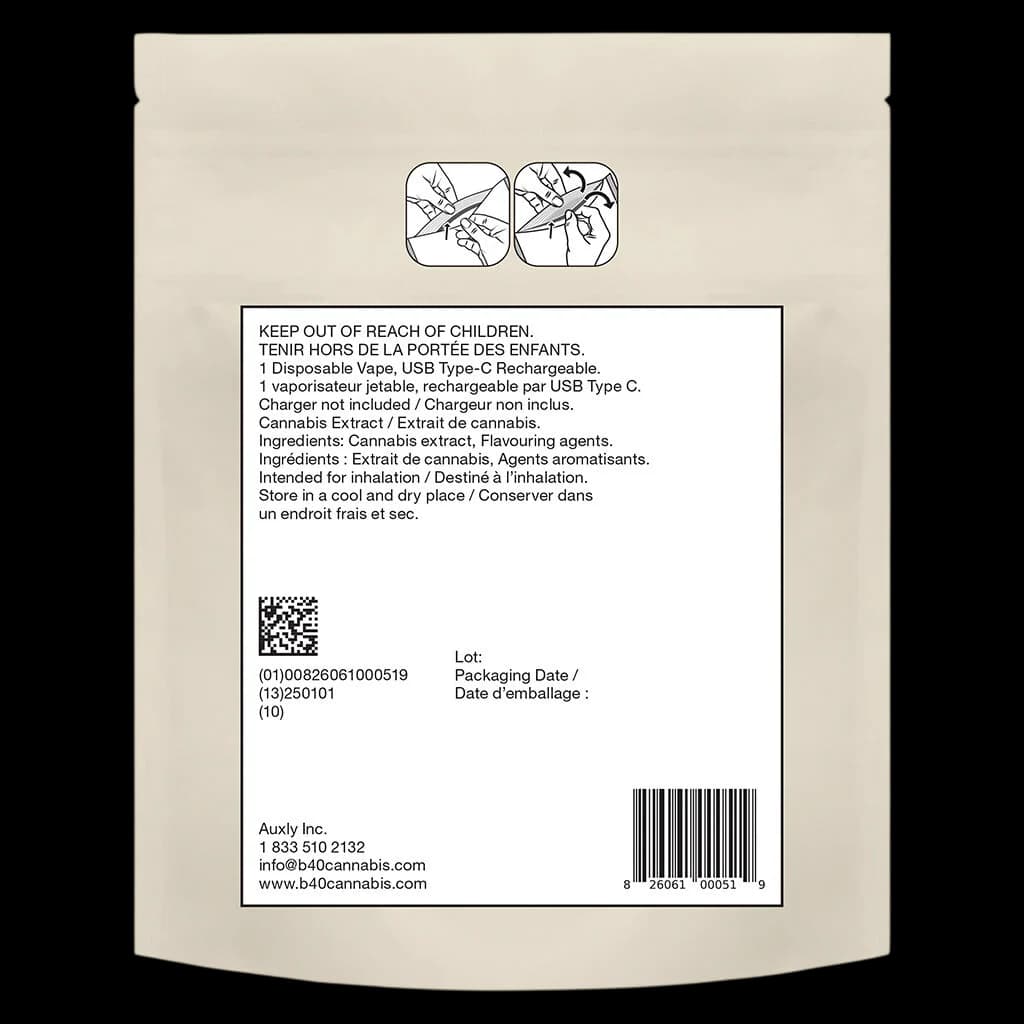 Back of cannabis vape packaging showing safety warnings, ingredients, QR code, barcode, and manufacturer details for Auxly Inc.