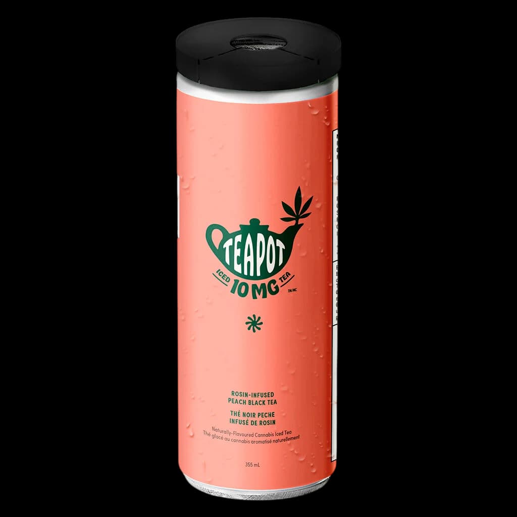 Teapot rosin-infused peach black tea, 10mg THC, 355mL cannabis beverage can with coral label