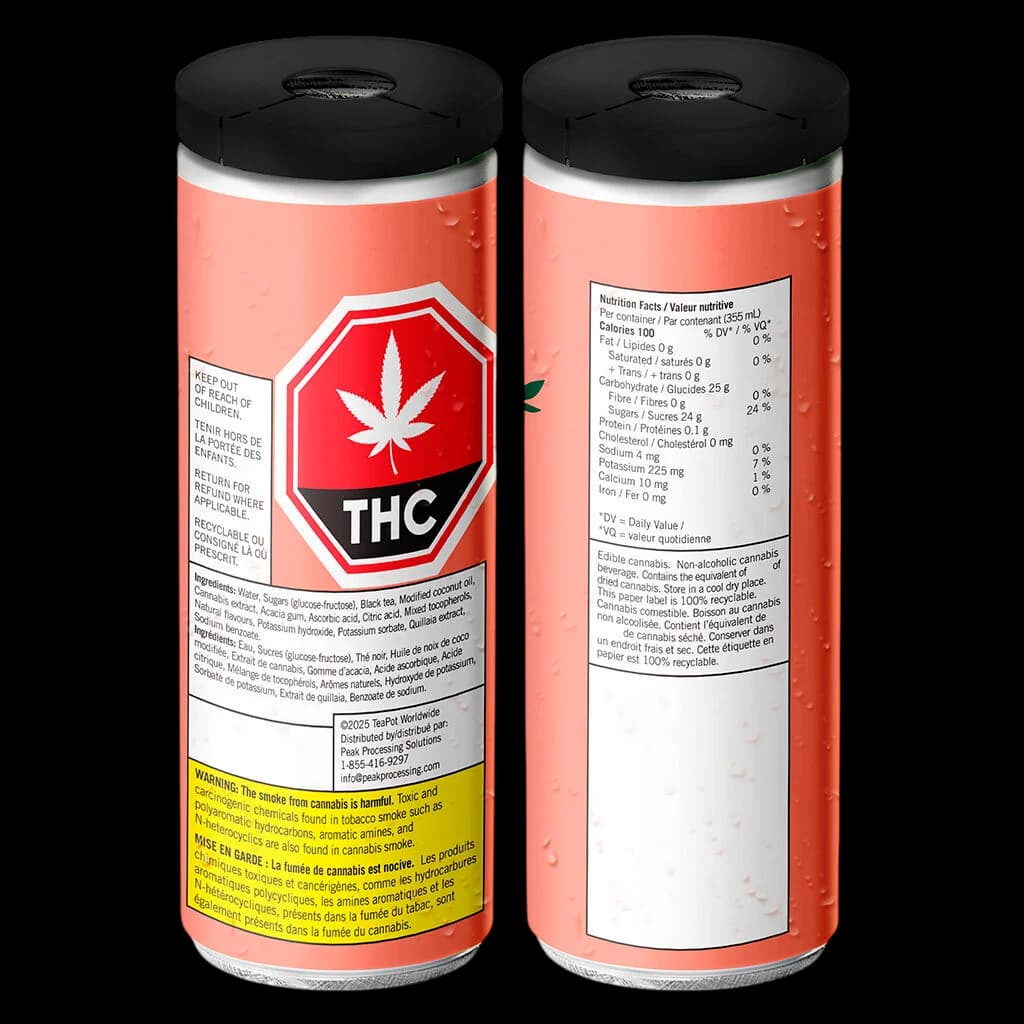 TeaPot Rosin Infused Peach Black Tea 355mL cannabis beverage can showing front and back labels with THC warning symbol and nutrition facts