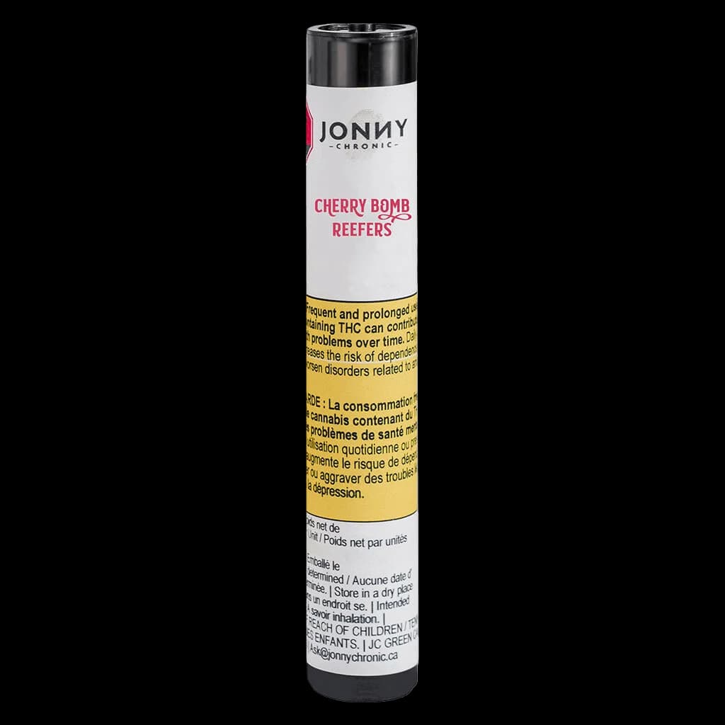 Jonny Chronic Cherry Bomb Reefers pre-roll pack with white and black cylindrical packaging and yellow Health Canada warning label