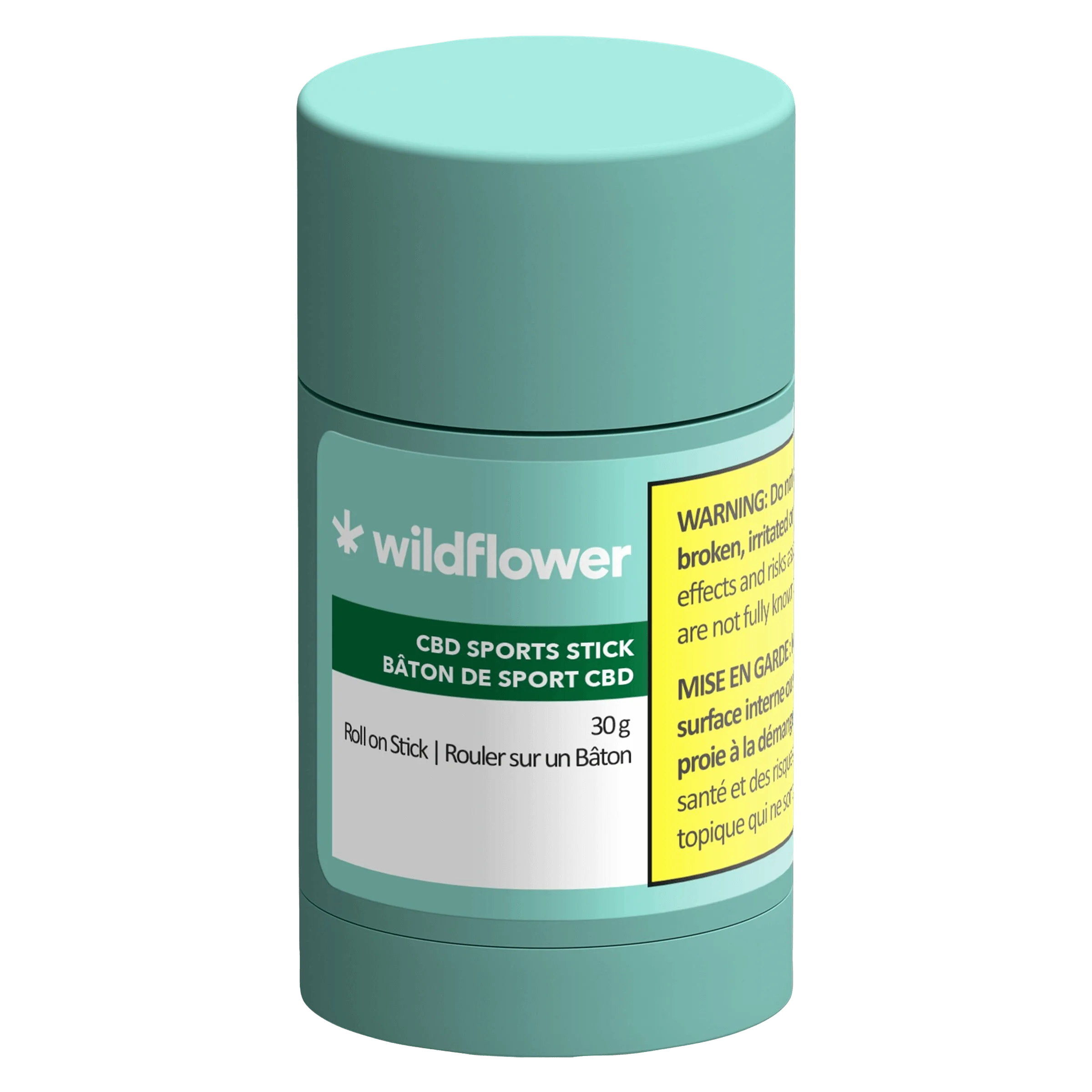 Wildflower CBD Sports Stick 30g roll-on topical in turquoise tube packaging with yellow warning label