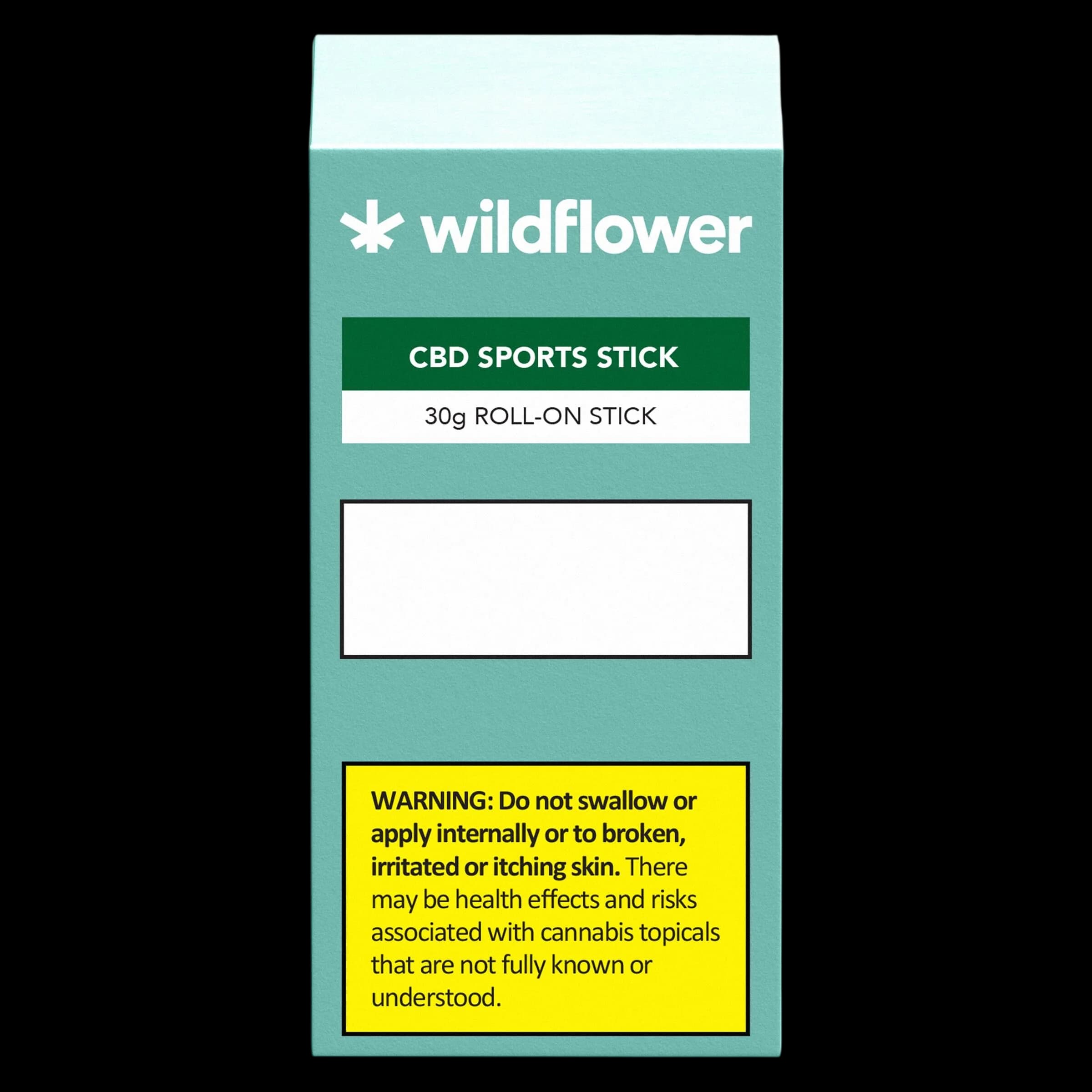 Wildflower CBD Sports Stick 30g roll-on stick topical product packaging with teal background and yellow warning label