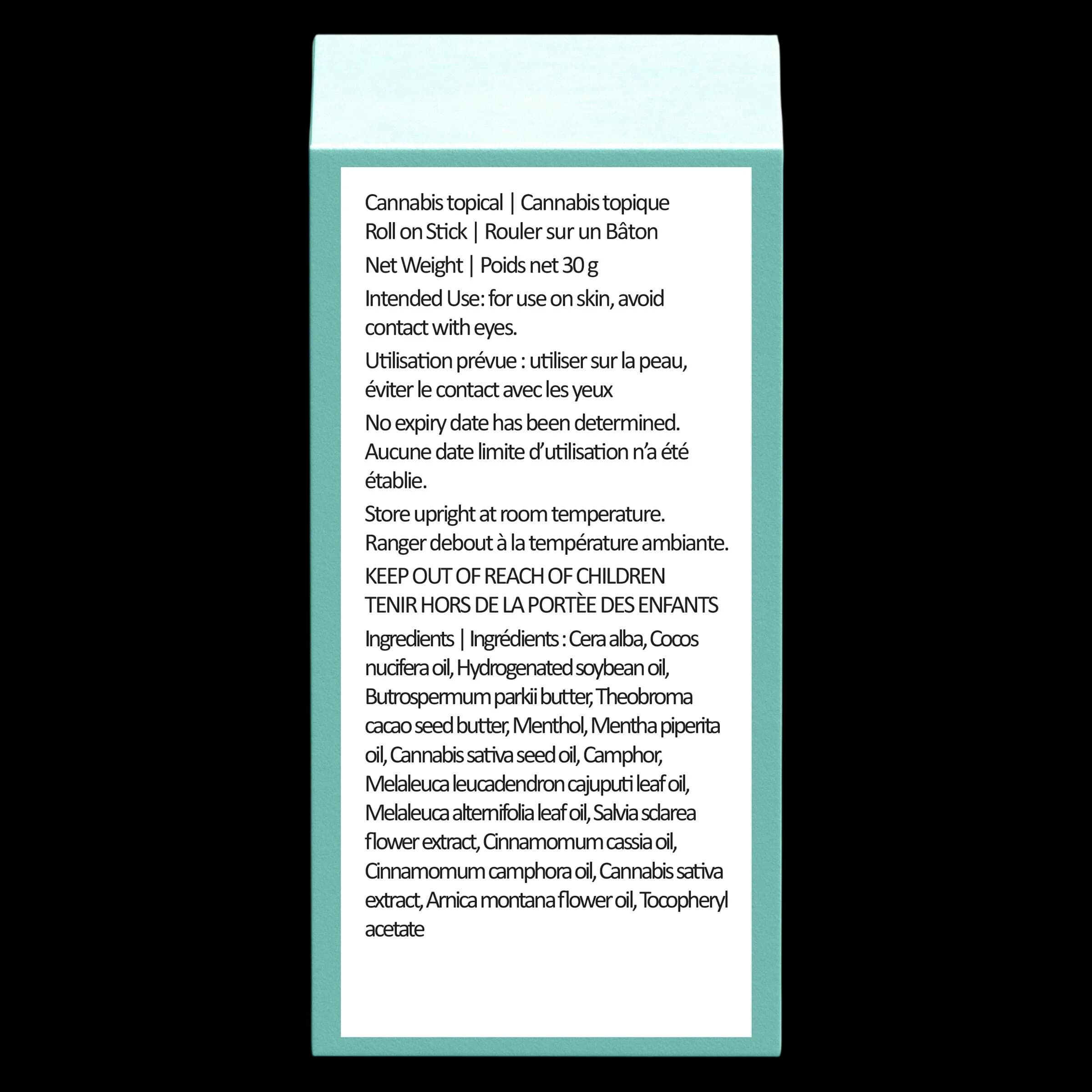 Wildflower Cannabis topical roll-on stick, 30g net weight, with bilingual usage instructions and ingredients list on teal packaging