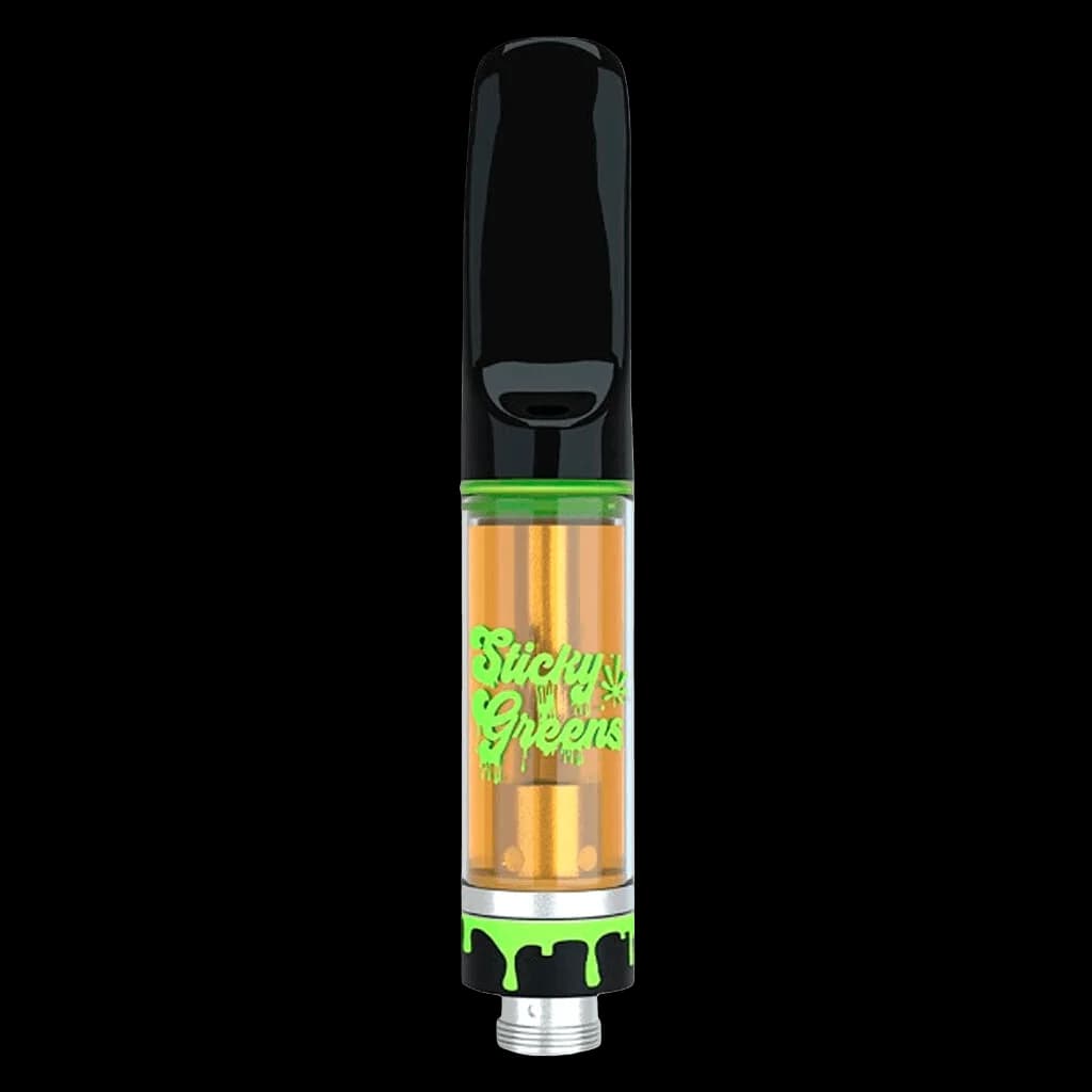 Sticky Greens Island Colada Liquid Diamond Blend cannabis vape cartridge with black mouthpiece, gold oil, and green label