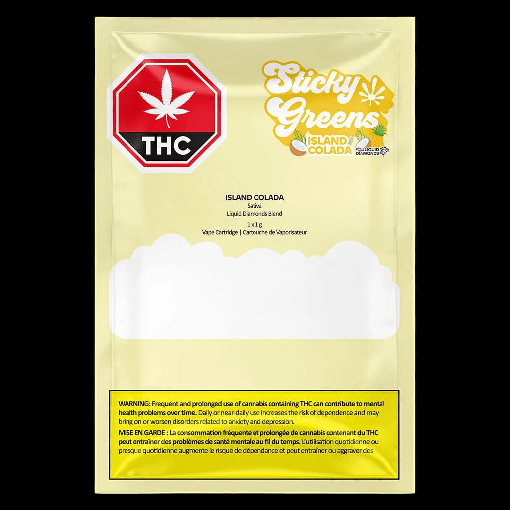 Sticky Greens Island Colada Sativa Liquid Diamonds vape cartridge 1x1g package with yellow background and Health Canada THC warning label
