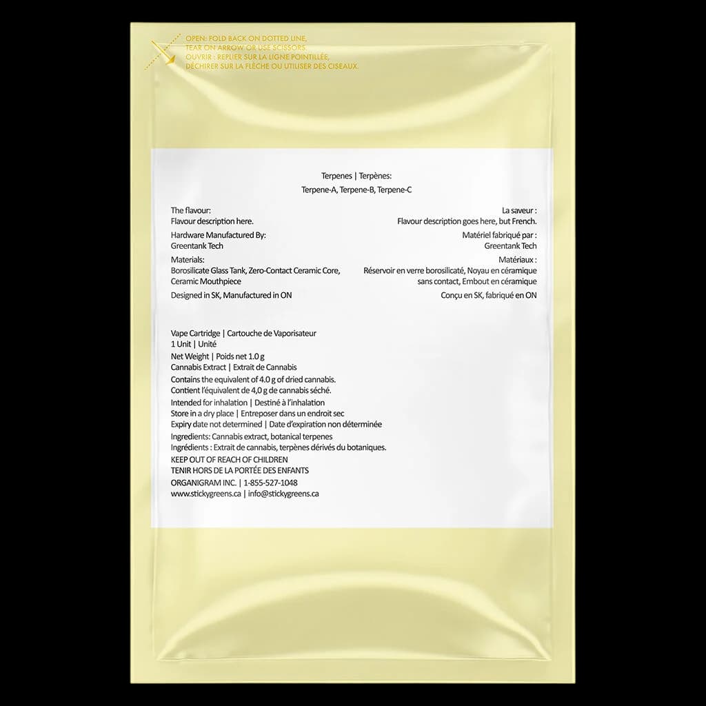 Sticky Greens Island Colada Liquid Diamond Blend vape cartridge 1.0g rear packaging showing terpene profile, ingredients, and Health Canada compliance information