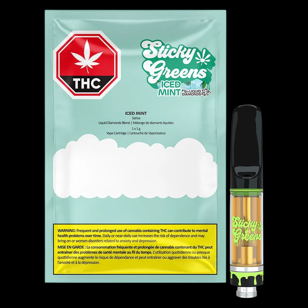 Sticky Greens Iced Mint Liquid Diamonds vape cartridge 1g with packaging showing THC warning symbol and Health Canada bilingual warning label