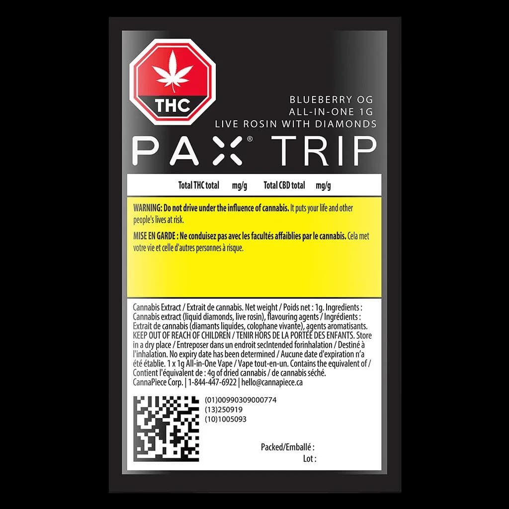 PAX Trip Blueberry OG all-in-one 1g live rosin with diamonds cannabis vape cartridge package front with THC warning symbol and Health Canada safety label