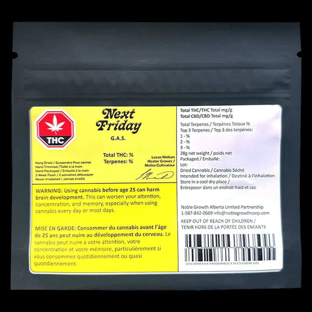 Next Friday G.A.S. dried cannabis flower 28g package front with yellow warning label, THC/CBD potency info, and bilingual health warnings
