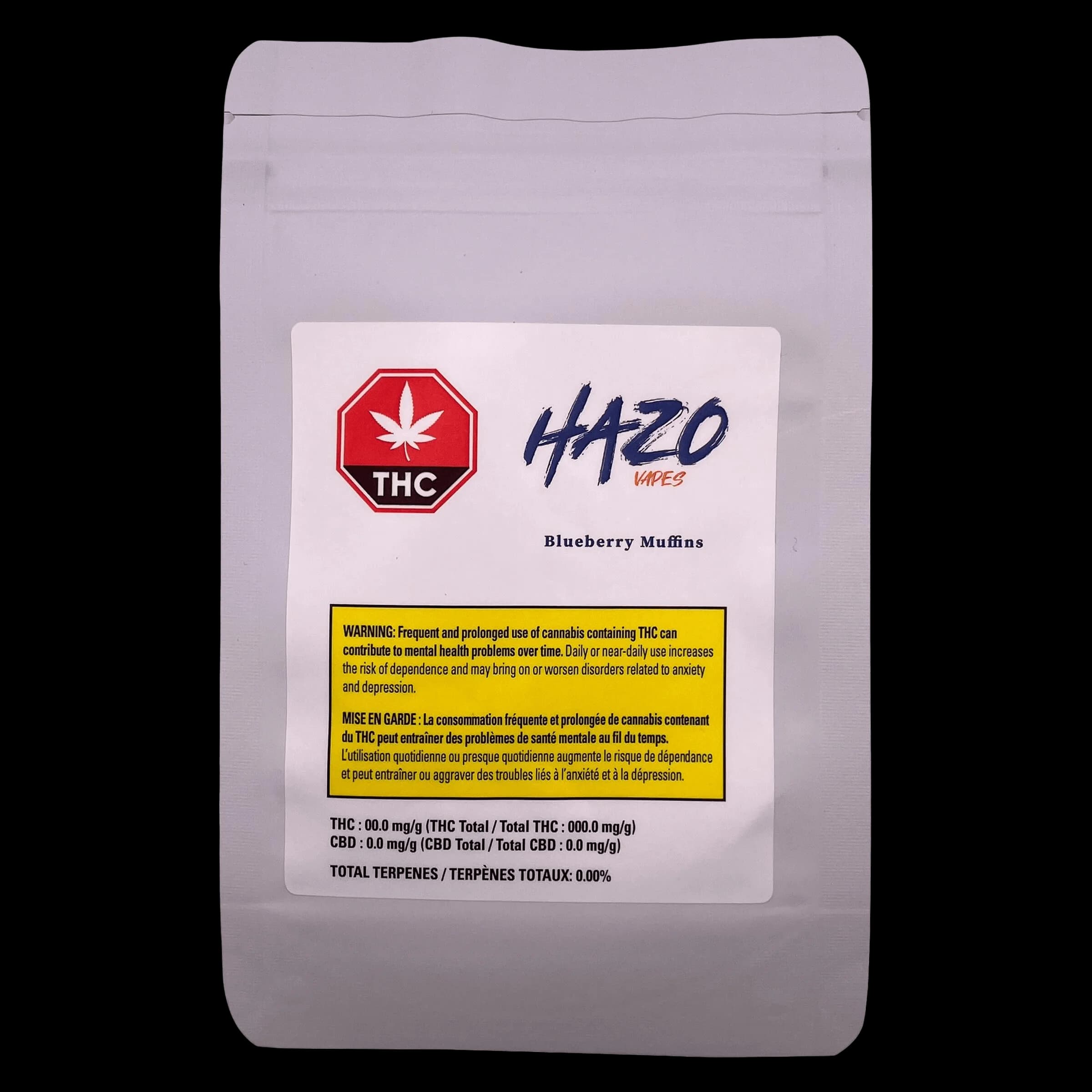 HAZO Blueberry Muffins 510 thread vape cartridge package front with Health Canada warning label and THC potency information visible