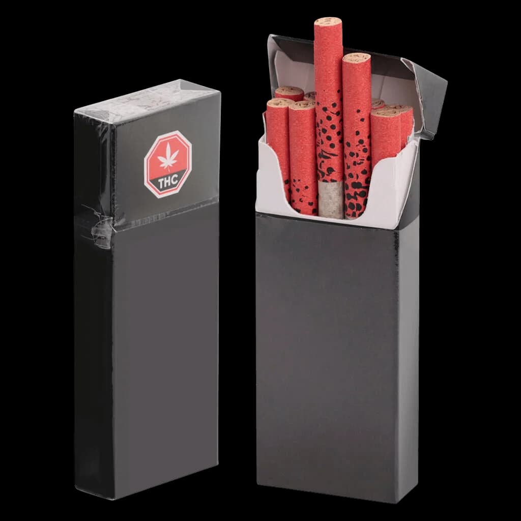 Big Bag O' Buds Ultra Sour pre-roll pack with red paper tubes and black speckle pattern, shown closed and open