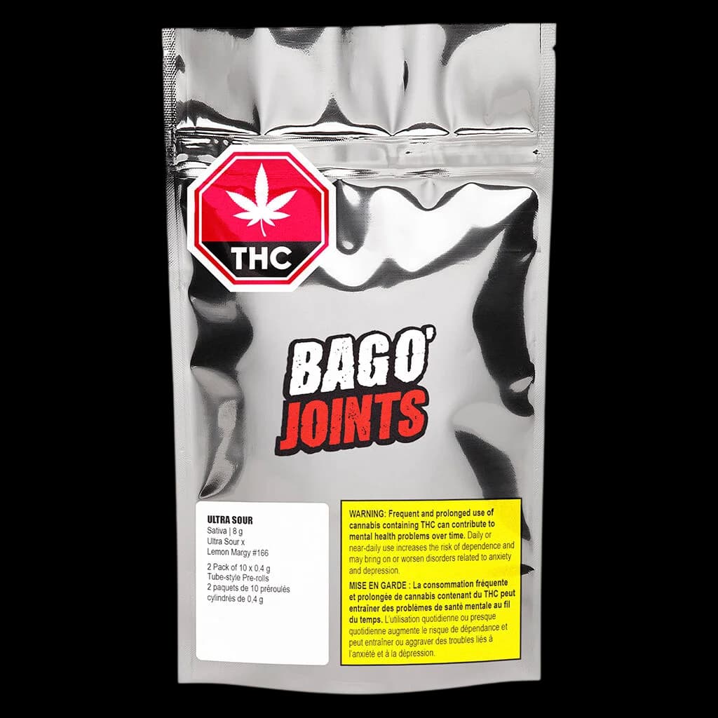 Bago Joints Ultra Sour pre-roll pack, 2-pack tube-style 0.4g each, with red THC warning symbol and yellow Health Canada warning label