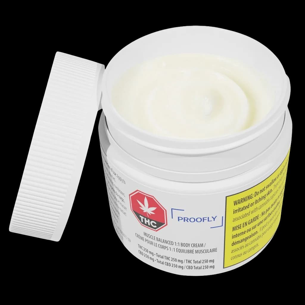 Proofly Muscle Balanced 1:1 Body Cream, 250mg THC/250mg CBD, open jar showing white cream with lid beside