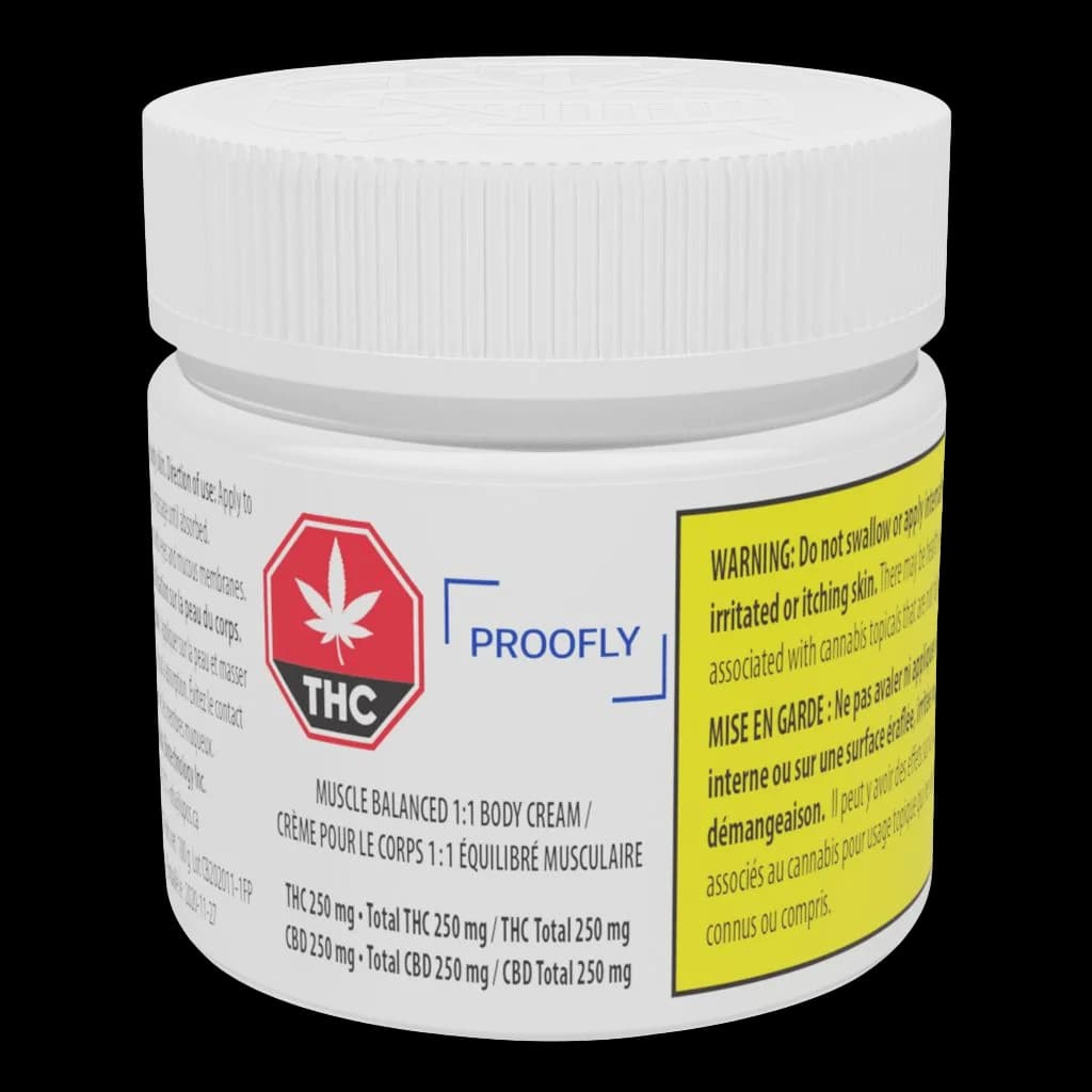 Proofly Muscle Balanced 1:1 Body Cream jar, 250mg THC and 250mg CBD, with white cap and yellow Health Canada warning label