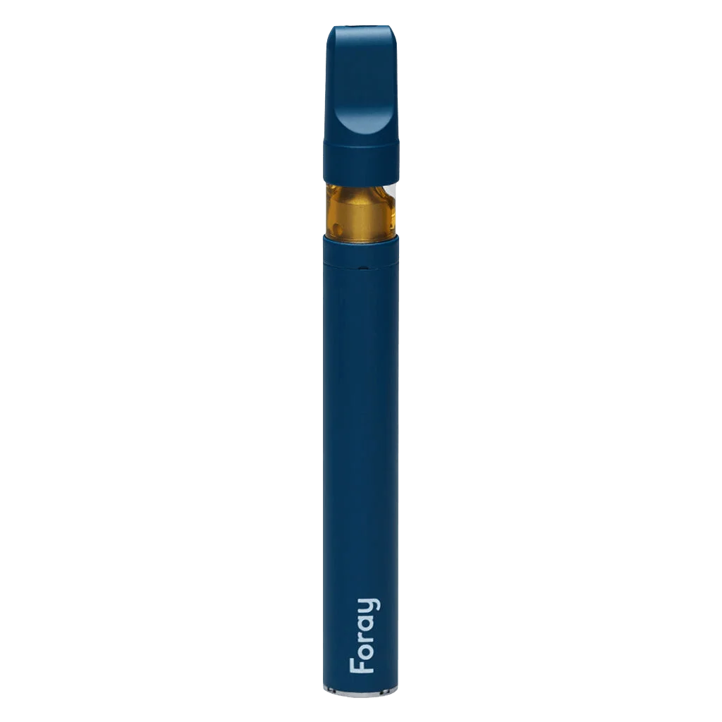Foray Indica Blackberry Cream disposable vape pen with navy blue body, gold-filled chamber, and mouthpiece