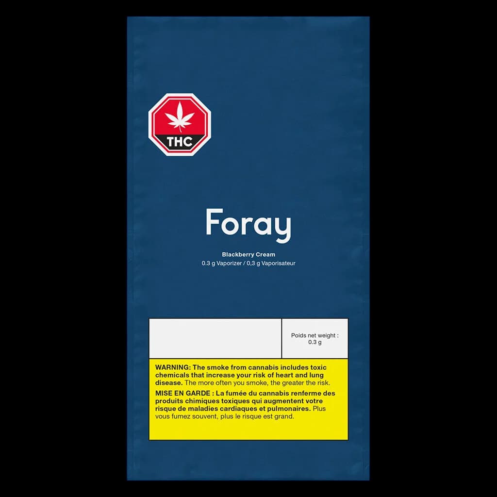 Foray Blackberry Cream 0.3g cannabis vaporizer cartridge packaging with THC warning symbol on dark blue background