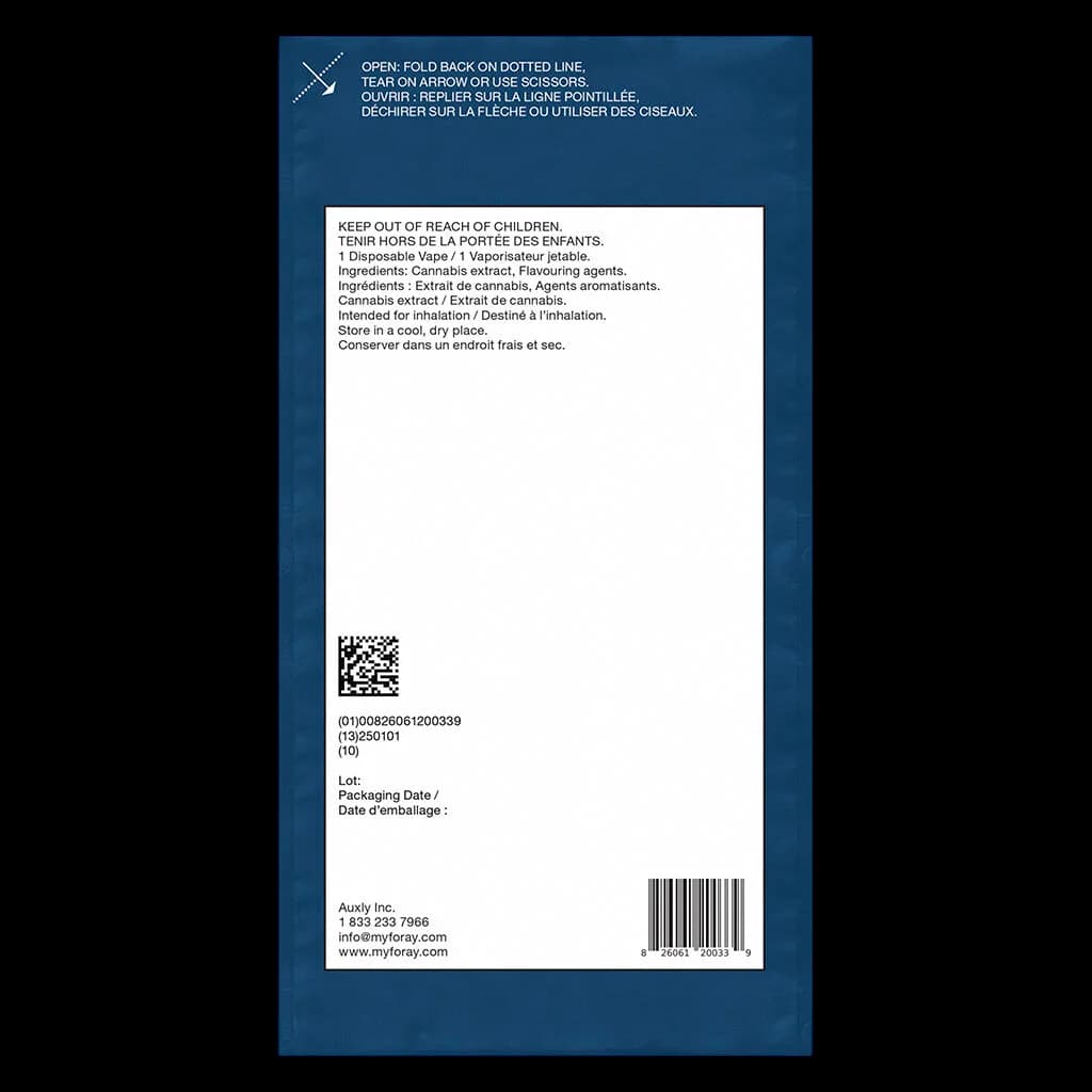Back of Foray Indica Blackberry Cream disposable vape pen packaging showing safety warnings, ingredients, and regulatory information