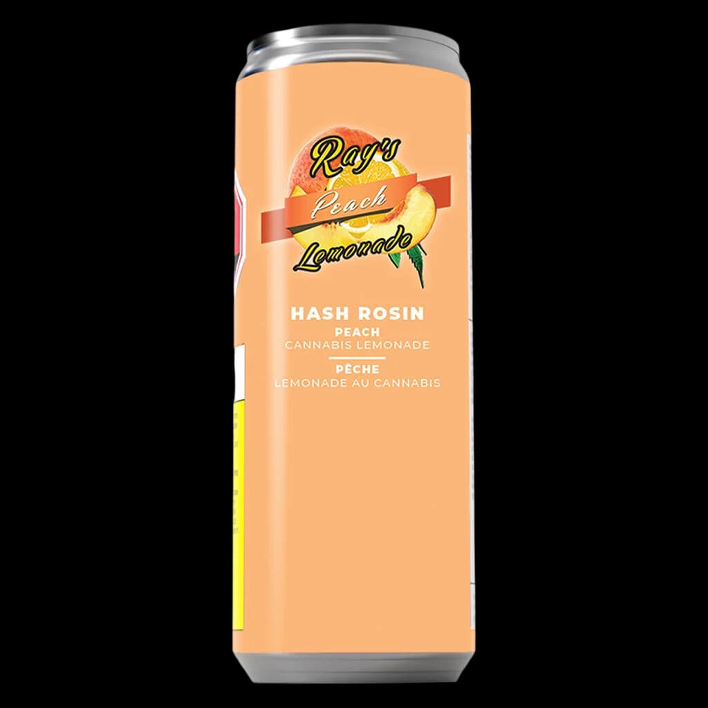 Ray's Peach Lemonade cannabis beverage in tall can with peach and lemon imagery on orange label