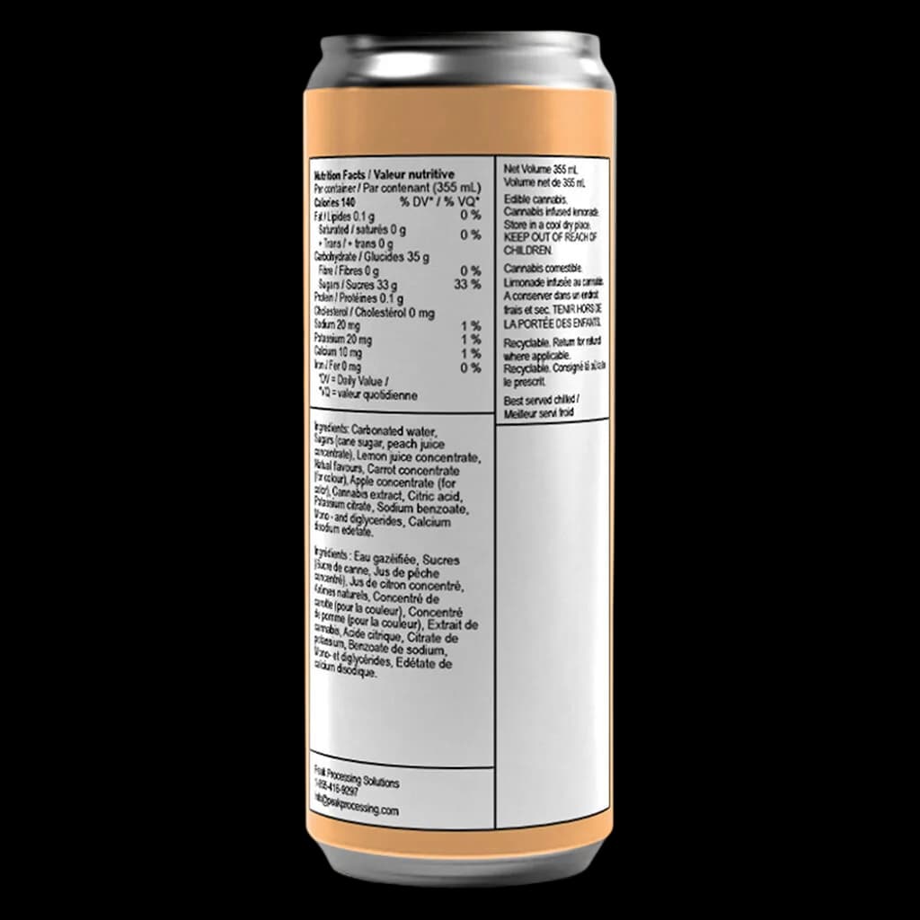 Ray's Peach Rosin Lemonade 355mL can showing nutrition facts, ingredients, and cannabis content on rear label