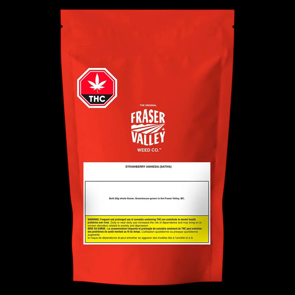 Fraser Valley Weed Co. Strawberry Amnesia Sativa 28g dried flower package with red pouch design and THC warning label