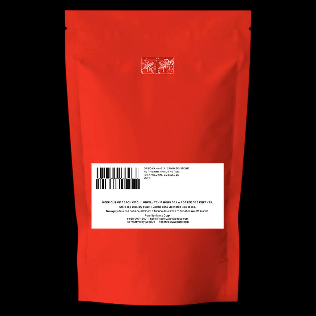 The Original Fraser Valley Weed Co. Strawberry Amnesia dried cannabis flower in red pouch packaging with white regulatory label