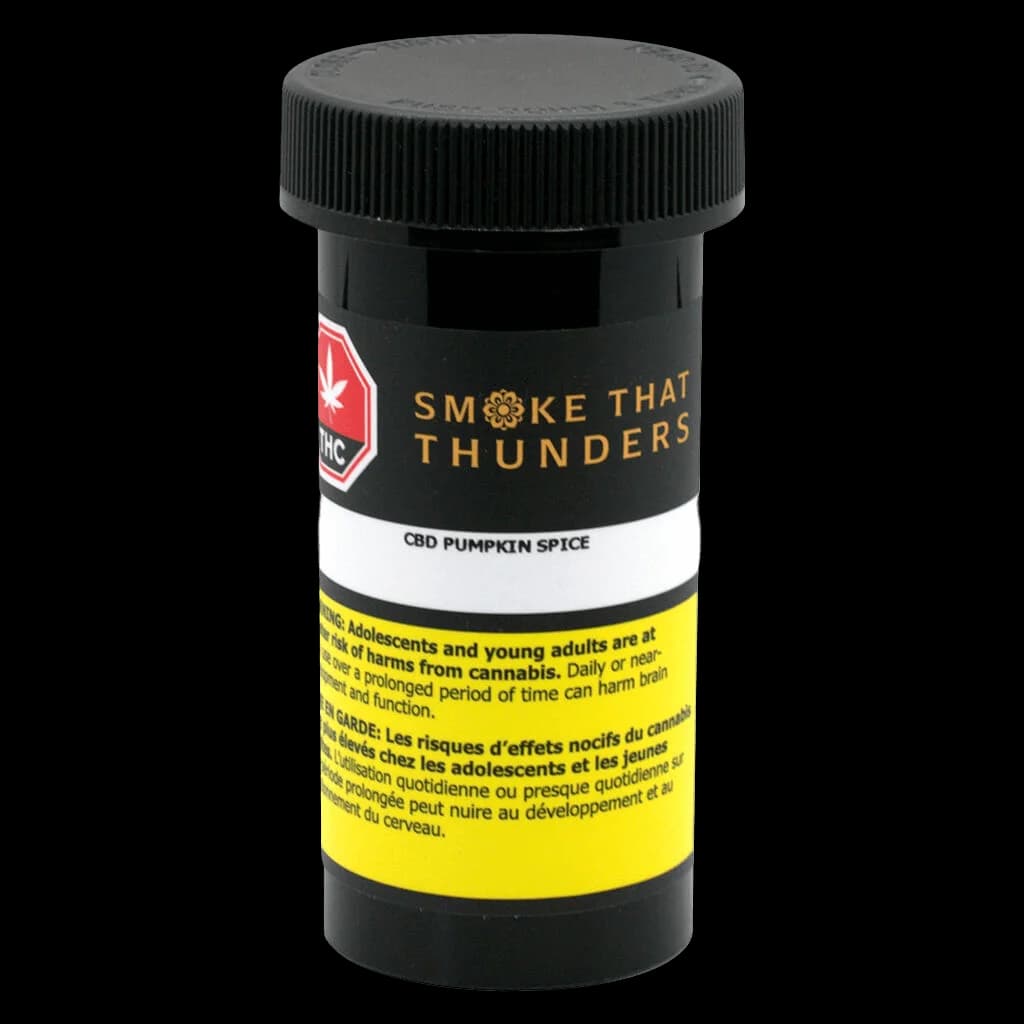 Smoke That Thunders CBD Pumpkin Spice cannabis dried flower in black jar with black screw cap