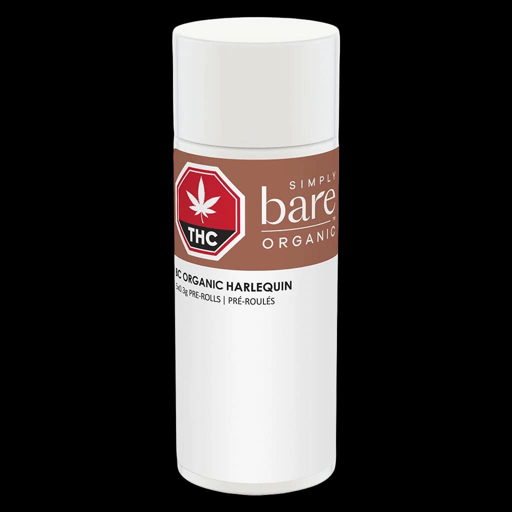 Simply Bare BC Organic Harlequin pre-roll pack, 5x0.3g cannabis pre-rolls in white tube with brown band