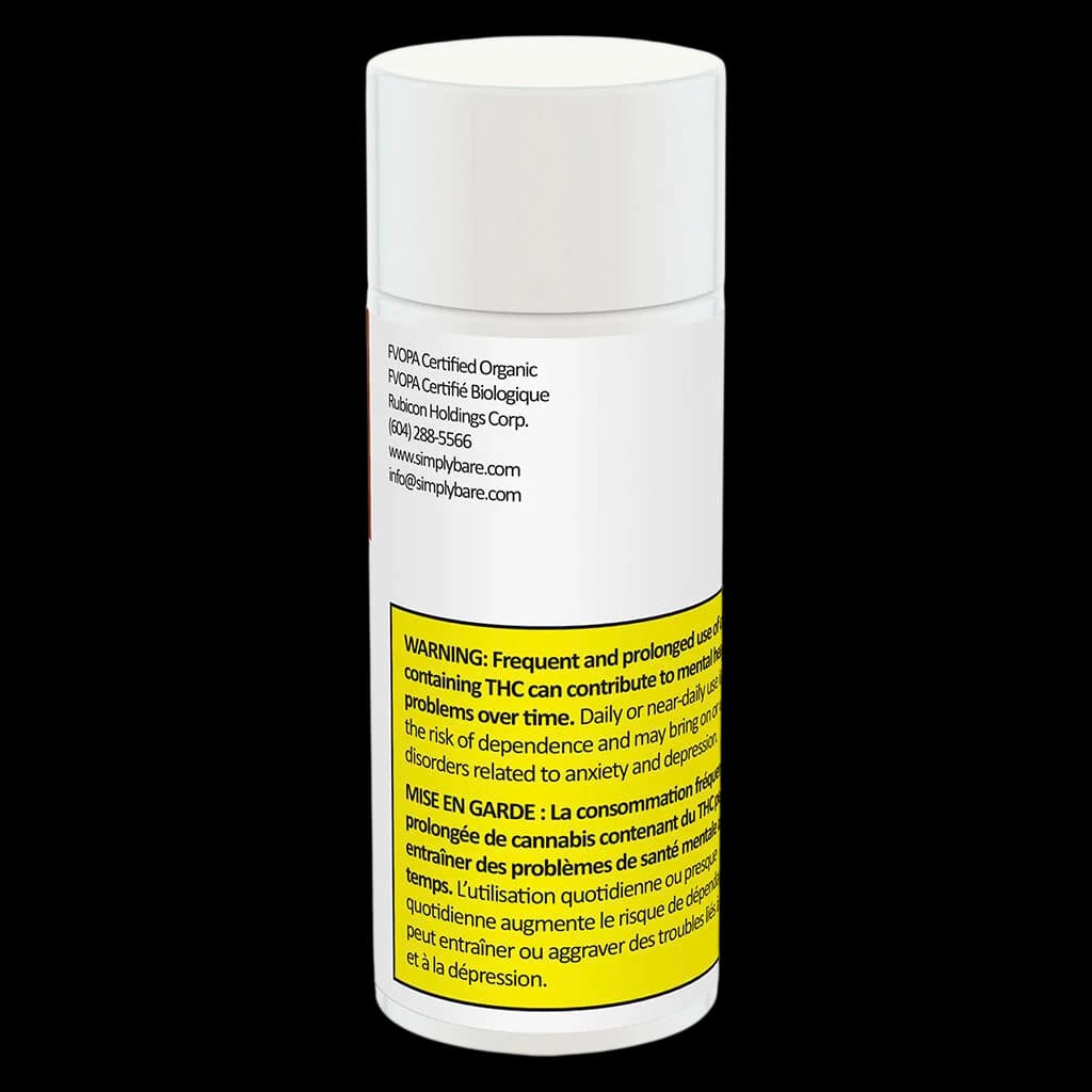 Simply Bare BC Organic Harlequin pre-roll tube with Health Canada warning label visible