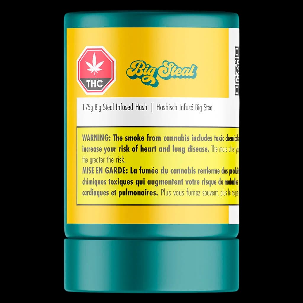 Big Steal Infused Hash 1.75g cannabis concentrate in teal and yellow jar with THC logo and health warning label