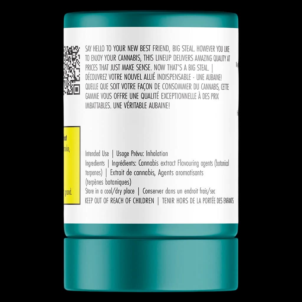 Big Steal cannabis hash jar with teal lid, back panel showing bilingual product description, intended use, and ingredients including cannabis extract and botanical terpenes