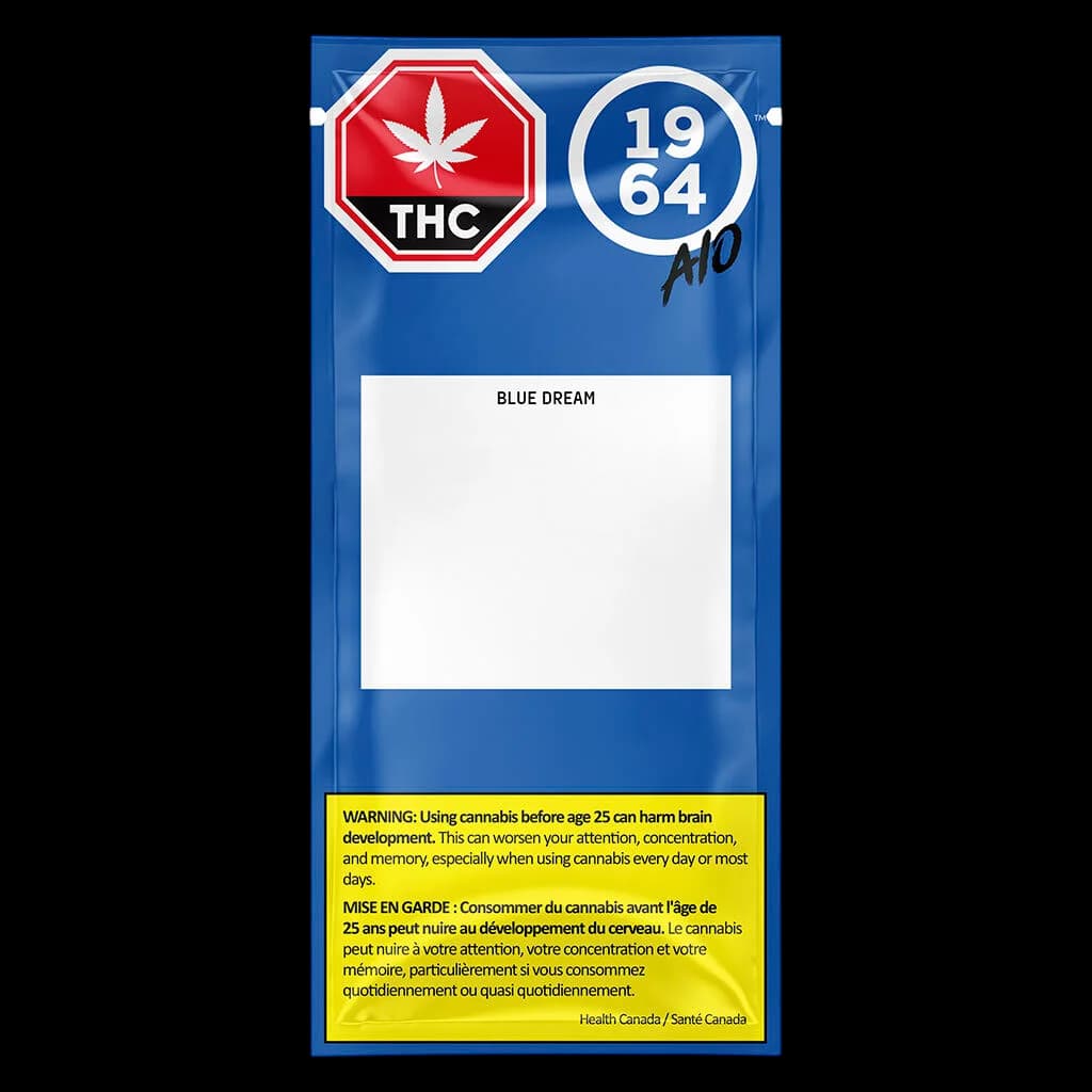 1964 Blue Dream FSE Resin AIO disposable vape pen, 19mg THC, 64mg CBD, blue packaging with red THC badge and regulatory warning label