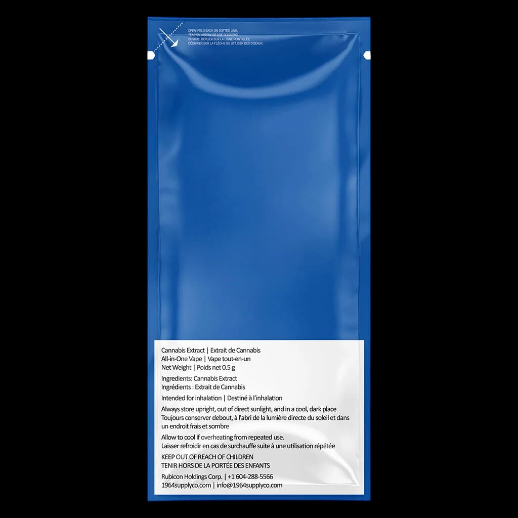 1964 Cannabis Extract All-in-One Vape, 0.5g disposable pen with blue packaging and bilingual product information label