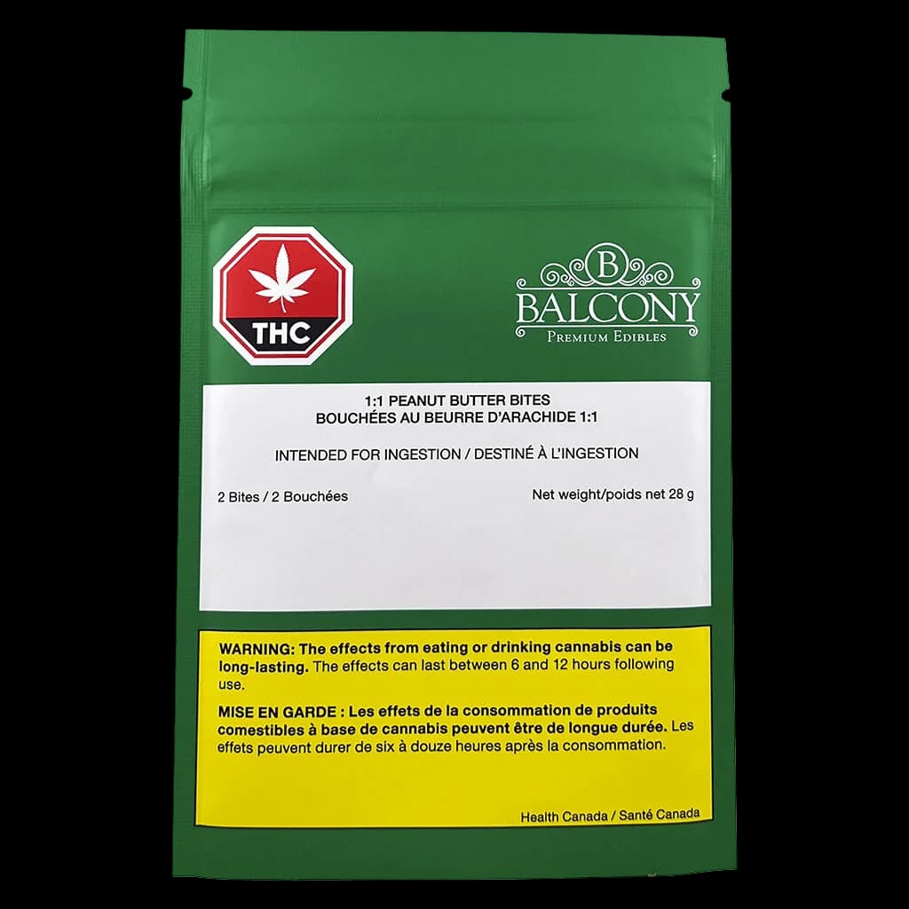Balcony 1:1 Peanut Butter Bites 28g edible package with red THC warning symbol and yellow Health Canada warning label on green pouch