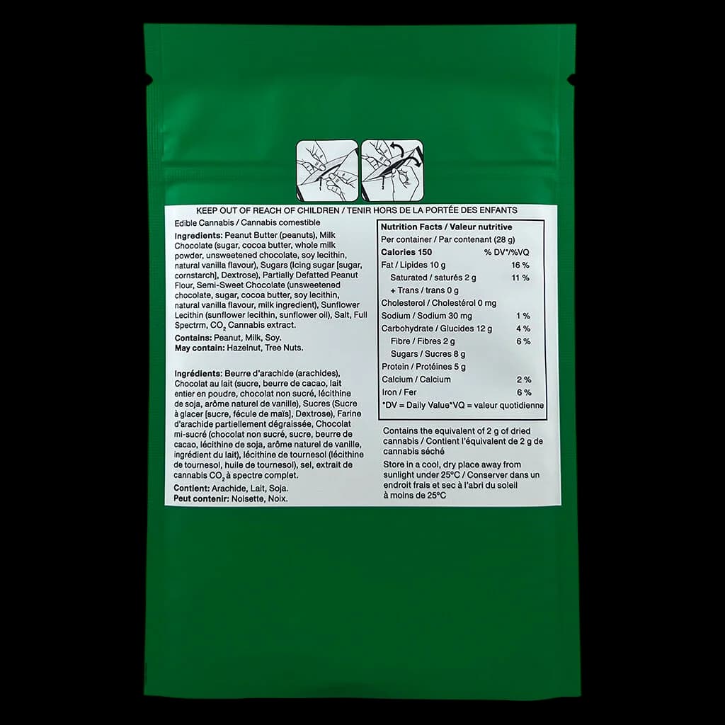 Balcony 1:1 Peanut Butter Bites green pouch back label showing nutrition facts, ingredients, and cannabis edible warnings in English and French