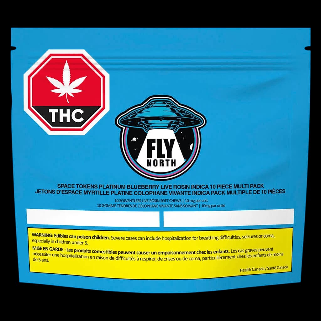 Fly North Space Tokens Platinum Blueberry Live Rosin Indica 10-piece soft chews multi pack with THC warning label