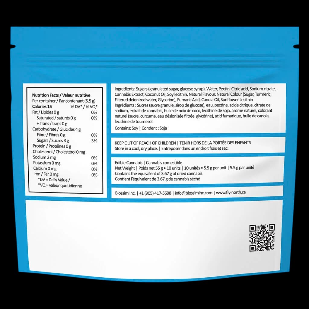 Blossom Inc. cannabis edible gummies package rear showing nutrition facts, ingredients, and regulatory information for 55g net weight product
