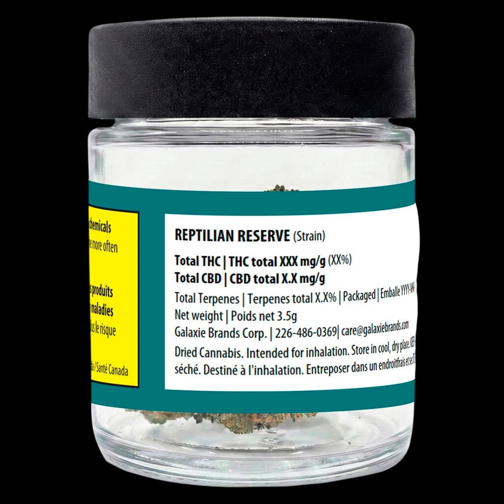 Reptilian Reserve dried cannabis flower, 3.5g jar by Galaxie Brands Corp., with teal and white label showing THC and CBD content