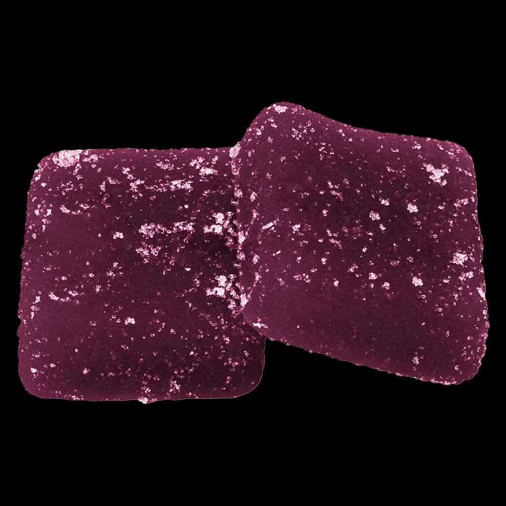 Wyld Real Fruit Boysenberry 2:1:1 CBD:THC:CBN soft chews, two dark purple squares dusted with sugar