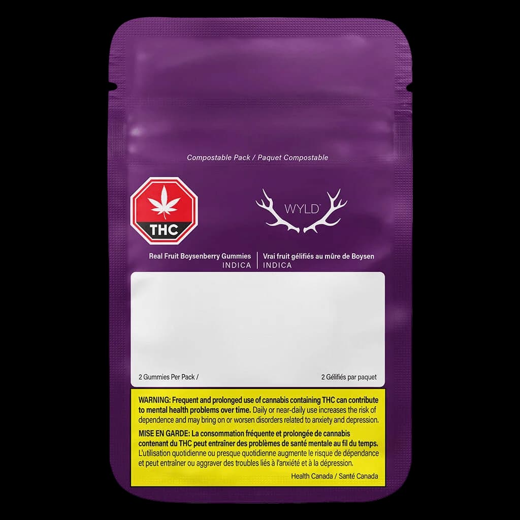 Wyld Real Fruit Boysenberry Gummies 2-pack, Indica cannabis edible in purple compostable packaging with THC warning label