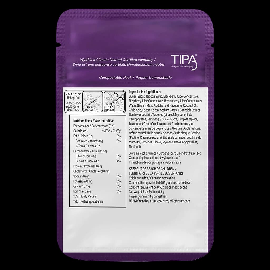 Wyld Real Fruit Boysenberry 2:1:1 CBD:THC:CBN gummies back packaging showing nutrition facts, ingredients, and composting instructions