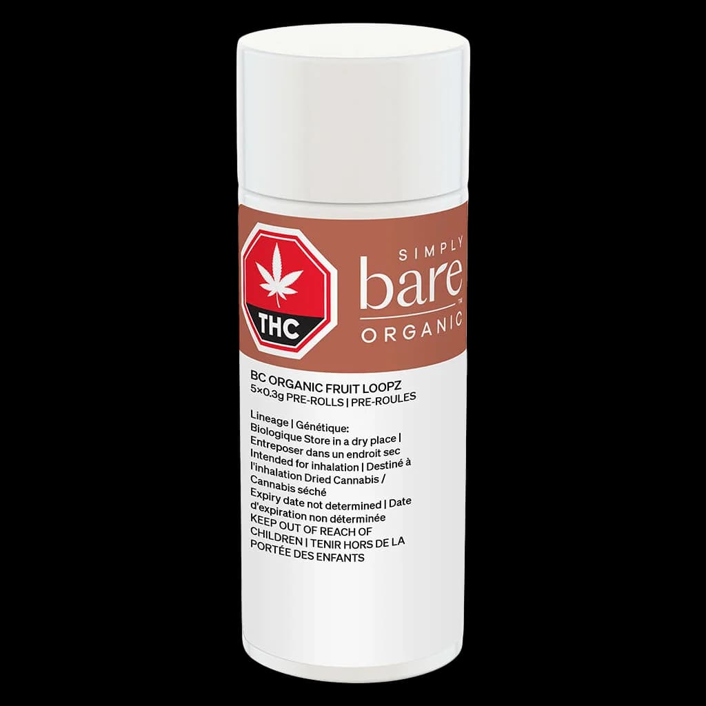 Simply Bare BC Organic Fruit Loopz 5×0.3g pre-rolls pack with white cap and terracotta label