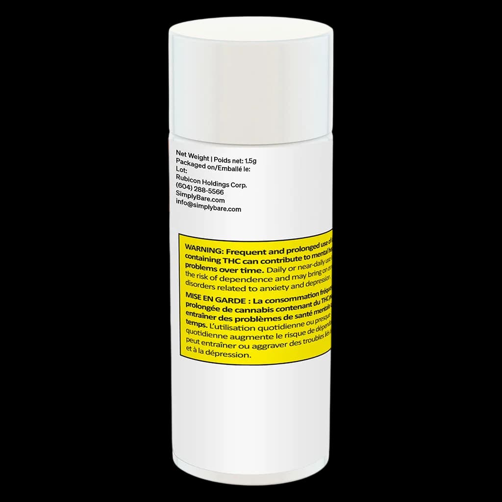 Simply Bare BC Organic Fruit Loopz pre-roll, 1.5g, white tube with yellow Health Canada warning label and product information