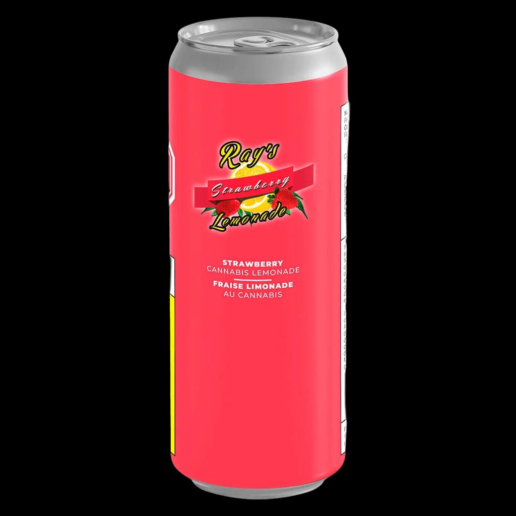Ray's Strawberry Lemonade cannabis beverage in bright pink can with silver top