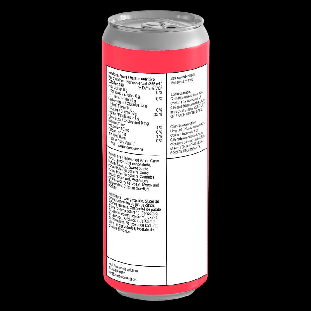 Ray's Strawberry Lemonade cannabis beverage can, 355 mL, with nutrition facts and bilingual labeling visible