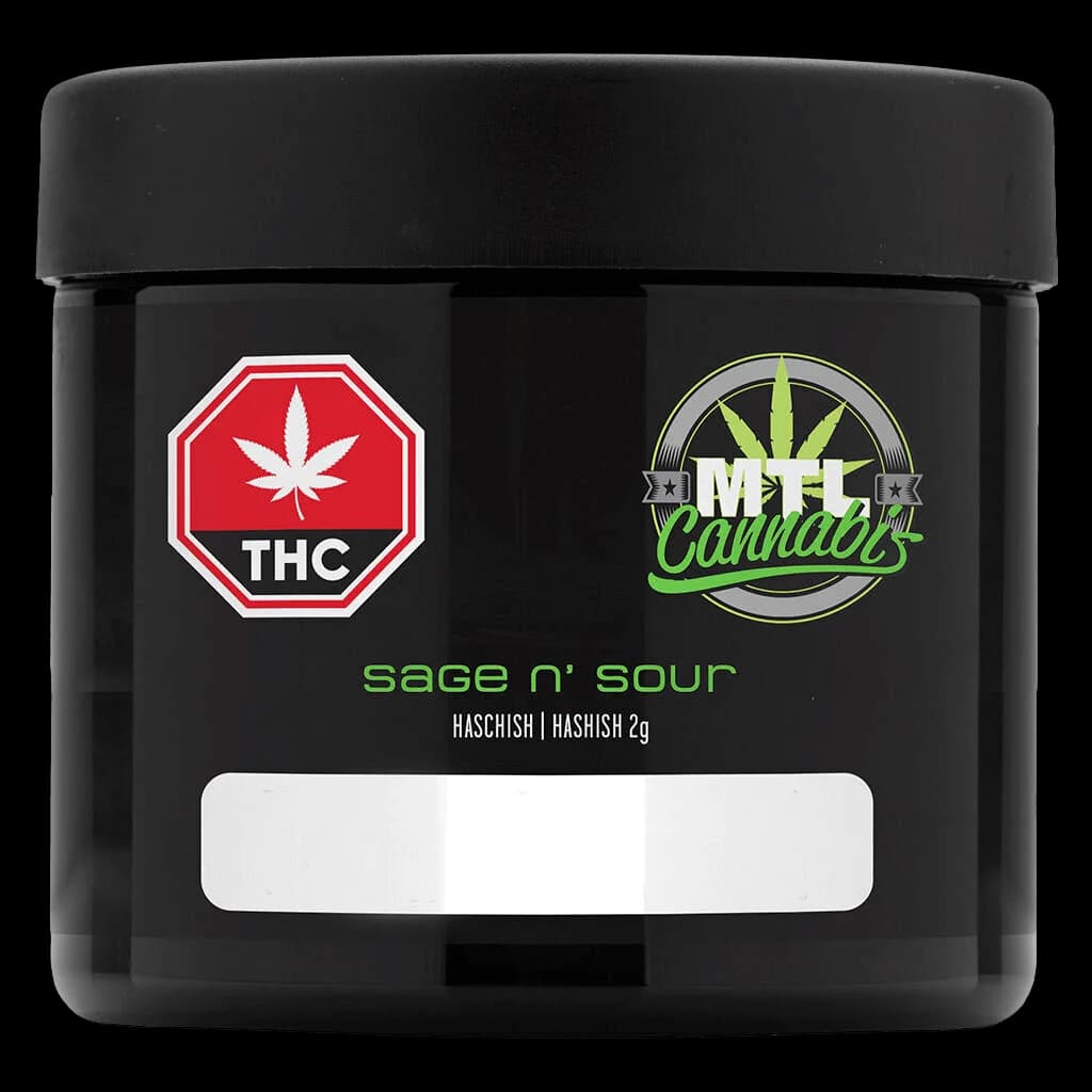MTL Cannabis Sage n' Sour Hashish 2g in black glass jar with red THC warning symbol
